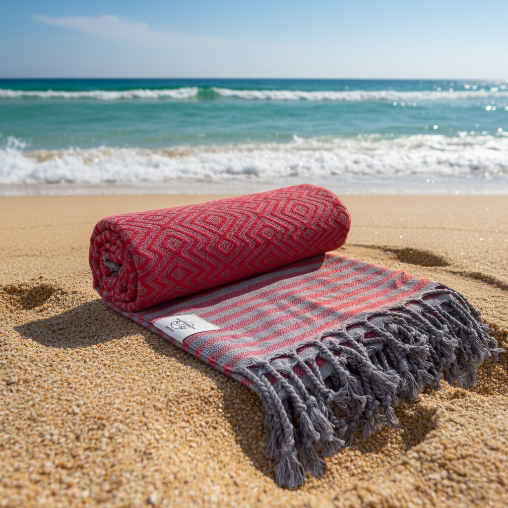Weiches Hamamtuch MAHINA von BeachAndSteam aus Baumwolle, ideal als Strand- und Saunatuch, zeigt das stilvolle, gepunktete Design.